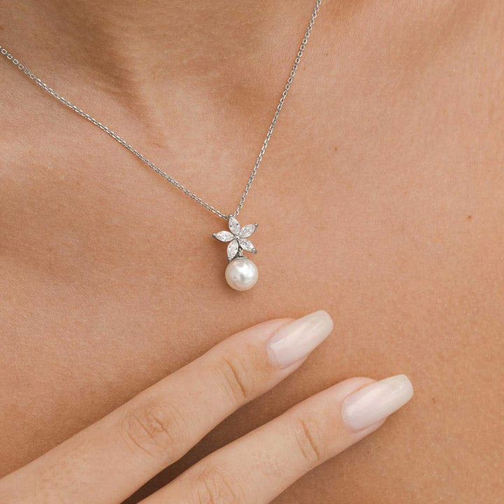 Collana fiore con perla, argento sterling S925