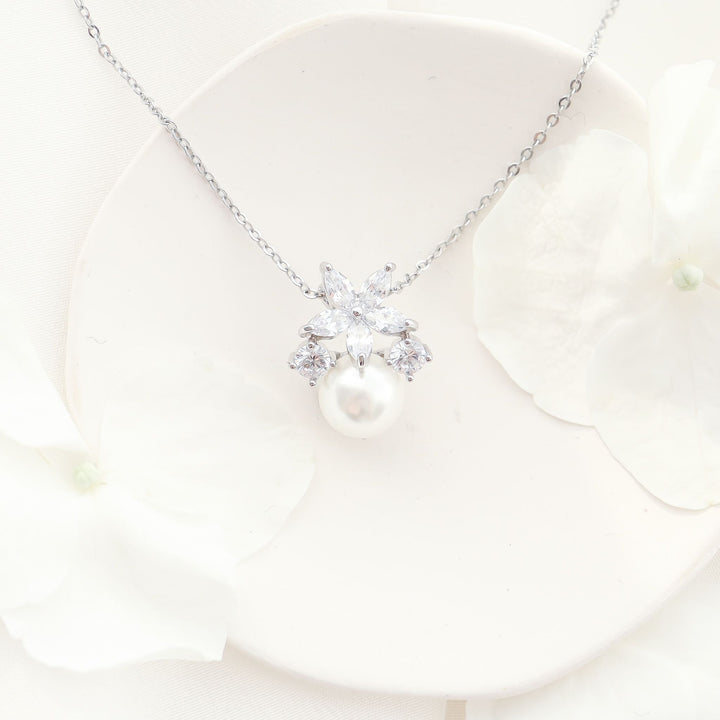 Collier Fleur avec perle, argent sterling S925